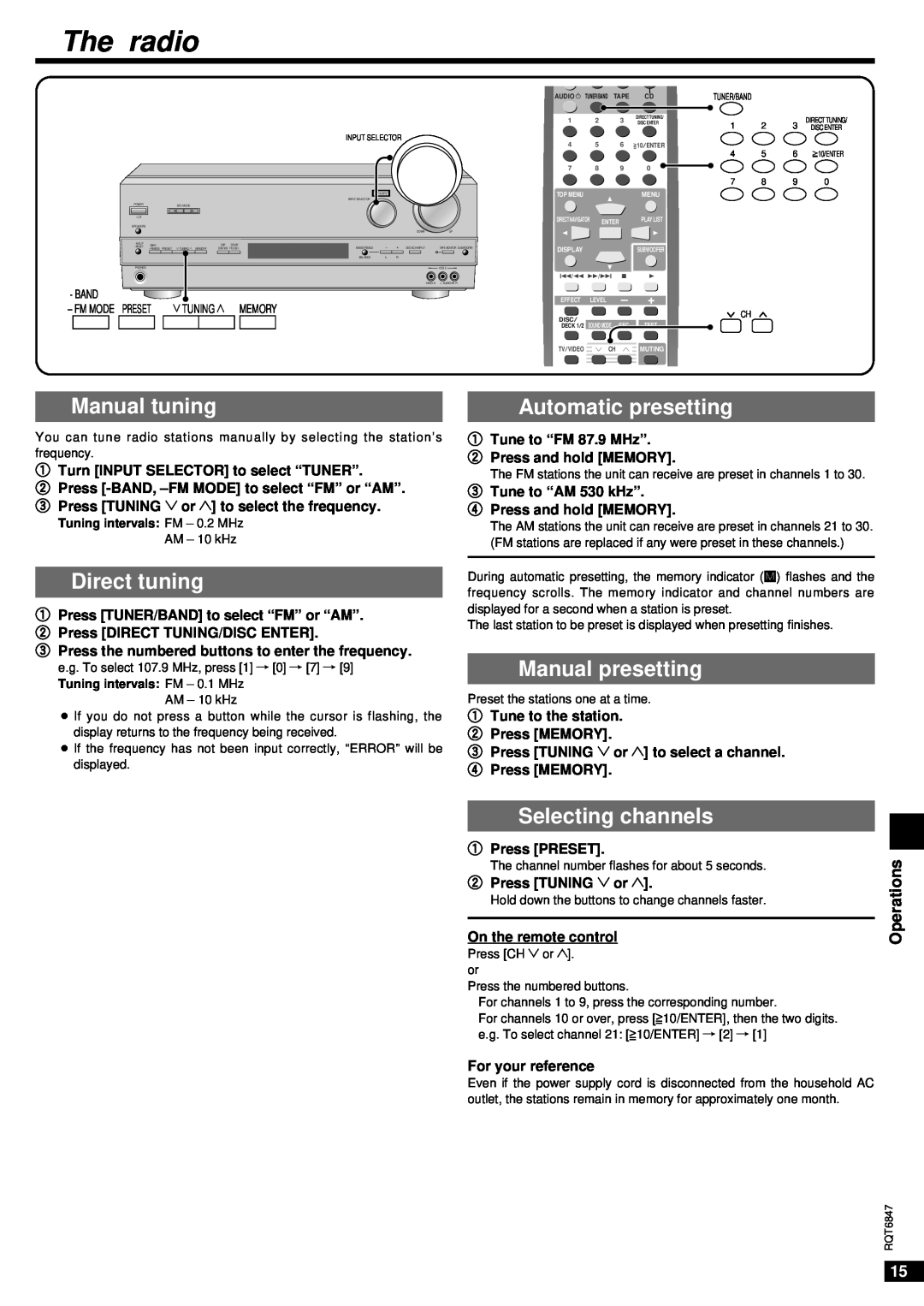 Panasonic SA-HE75 The radio, Manual tuning, Direct tuning, Automatic presetting, Manual presetting, Selecting channels 