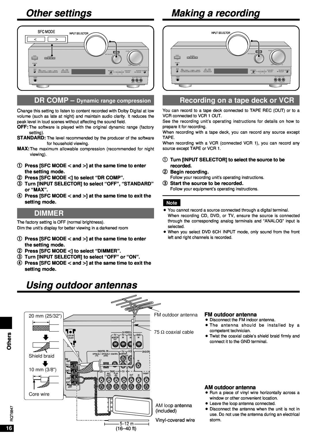 Panasonic SA-HE75 Other settings, Making a recording, Using outdoor antennas, Recording on a tape deck or VCR, Dimmer 