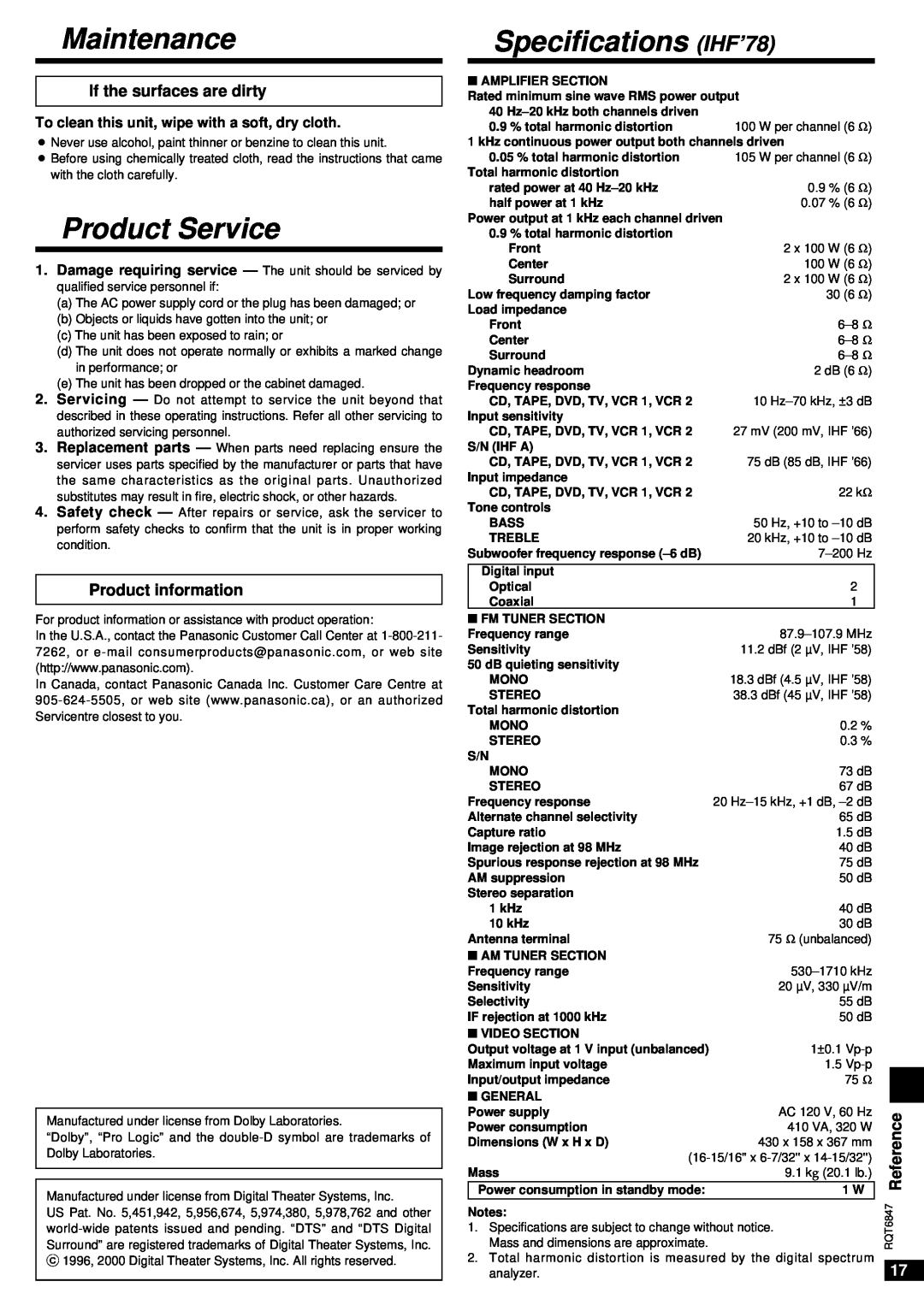 Panasonic SA-HE75 Maintenance, Product Service, Specifications IHF’78, If the surfaces are dirty, Product information 