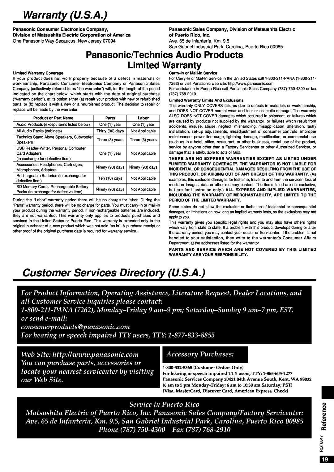 Panasonic SA-HE75 Warranty U.S.A, Customer Services Directory U.S.A, Panasonic/Technics Audio Products, Limited Warranty 
