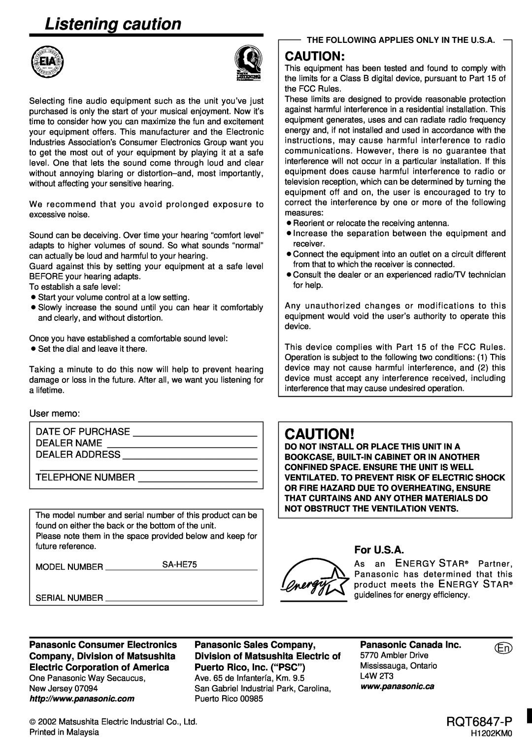 Panasonic SA-HE75 Listening caution, RQT6847-P, For U.S.A, User memo, Date Of Purchase, Dealer Name, Dealer Address 