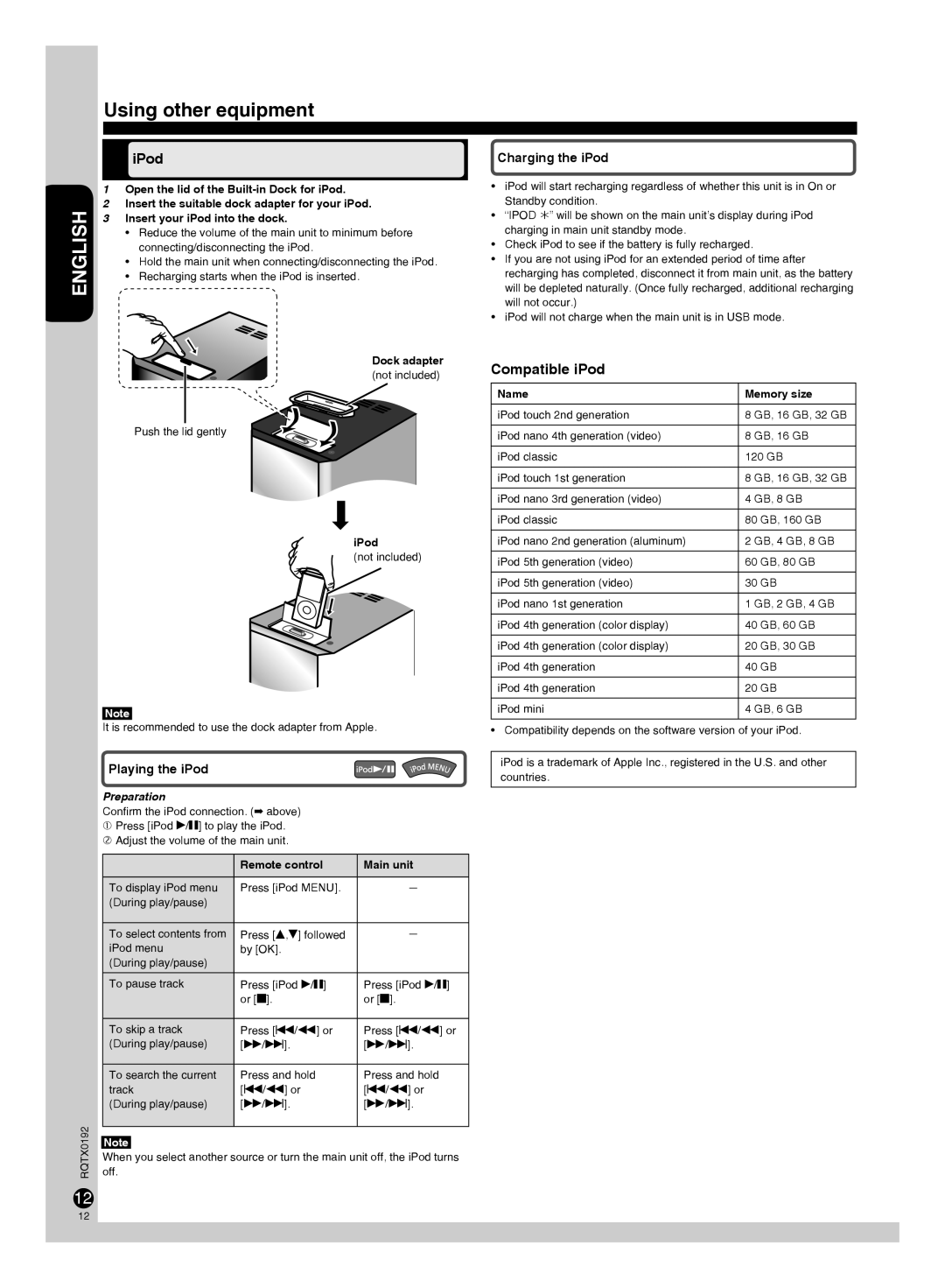 Panasonic SA-PM38, SB-PM48, SC-PM38 Using other equipment, IPod, Compatible iPod, Playing the iPod, Charging the iPod 