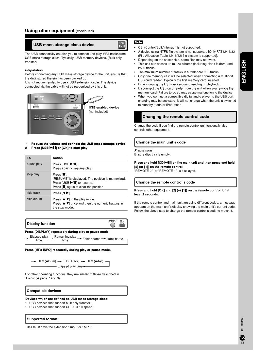 Panasonic SB-PM48, SA-PM38, SC-PM38 Using other equipment, USB mass storage class device, Changing the remote control code 