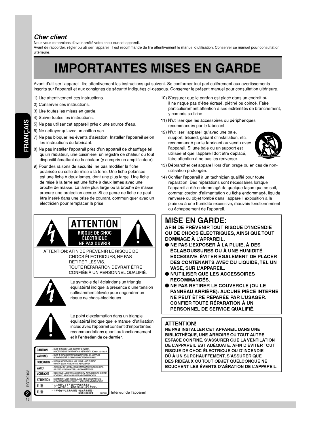 Panasonic SA-PM38, SB-PM48, SC-PM38 manuel dutilisation Importantes Mises EN Garde 