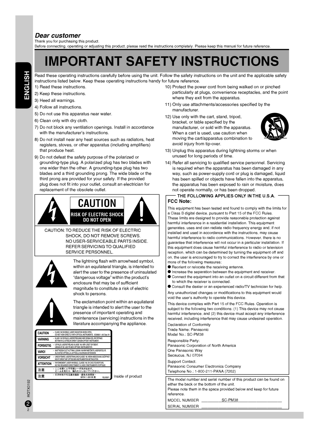 Panasonic SC-PM38, SA-PM38, SB-PM48 manuel dutilisation Dear customer, FCC Note 