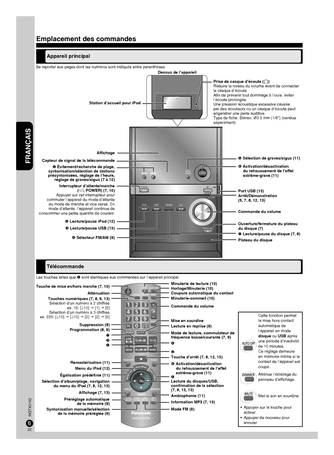 Panasonic SB-PM48, SA-PM38, SC-PM38 manuel dutilisation Emplacement des commandes, Appareil principal, Télécommande 