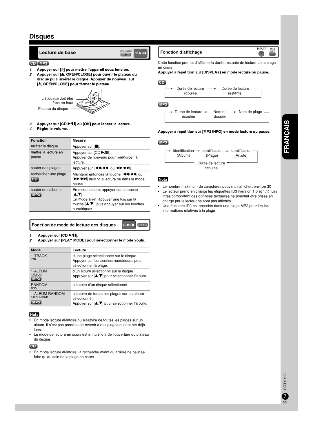 Panasonic SC-PM38, SA-PM38, SB-PM48 Disques, Lecture de base, Fonction de mode de lecture des disques, Fonction d’affichage 