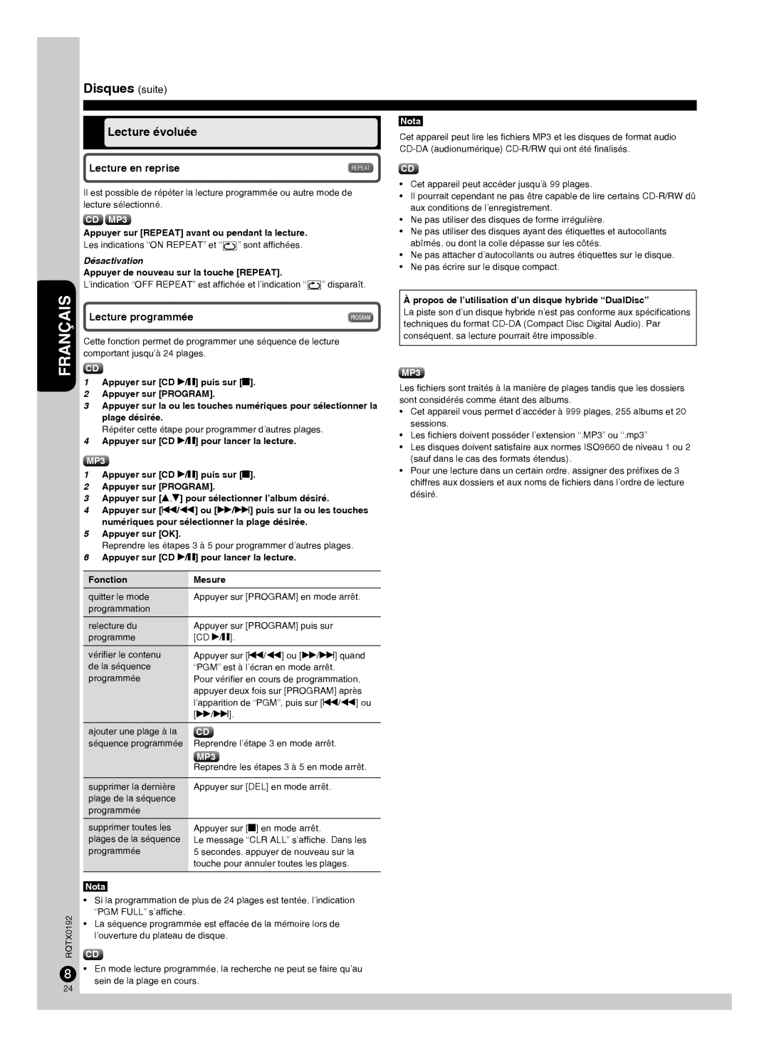 Panasonic SA-PM38, SB-PM48, SC-PM38 Disques suite, Lecture évoluée, Lecture en reprise, Lecture programmée, Désactivation 