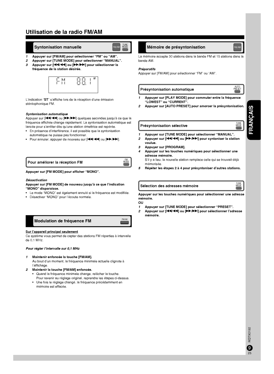 Panasonic SB-PM48, SA-PM38, SC-PM38 Utilisation de la radio FM/AM, Syntonisation manuelle, Modulation de fréquence FM 