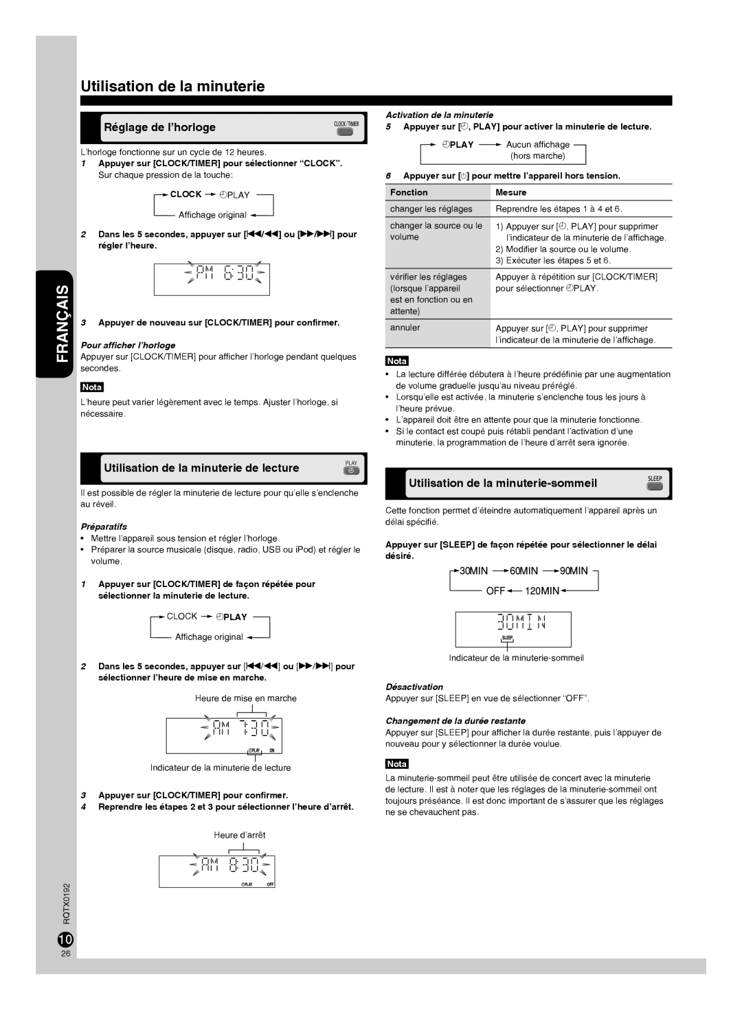 Panasonic SC-PM38 Réglage de l’horloge, Utilisation de la minuterie de lecture, Utilisation de la minuterie-sommeil 