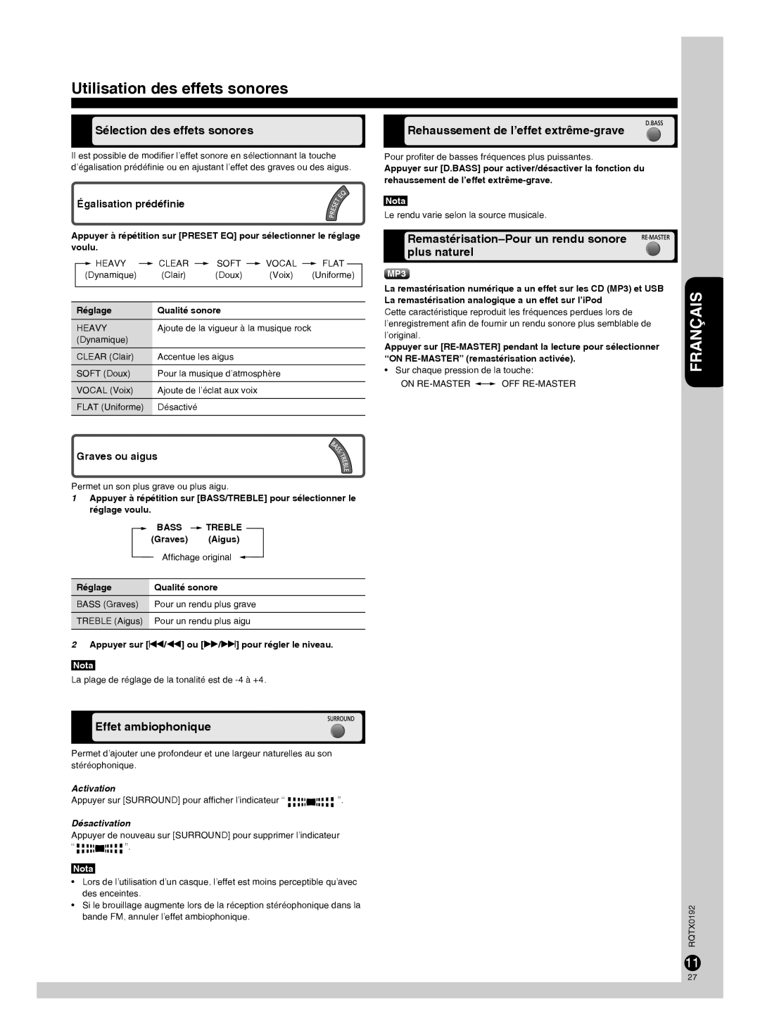 Panasonic SA-PM38 Utilisation des effets sonores, Sélection des effets sonores, Rehaussement de l’effet extrême-grave 