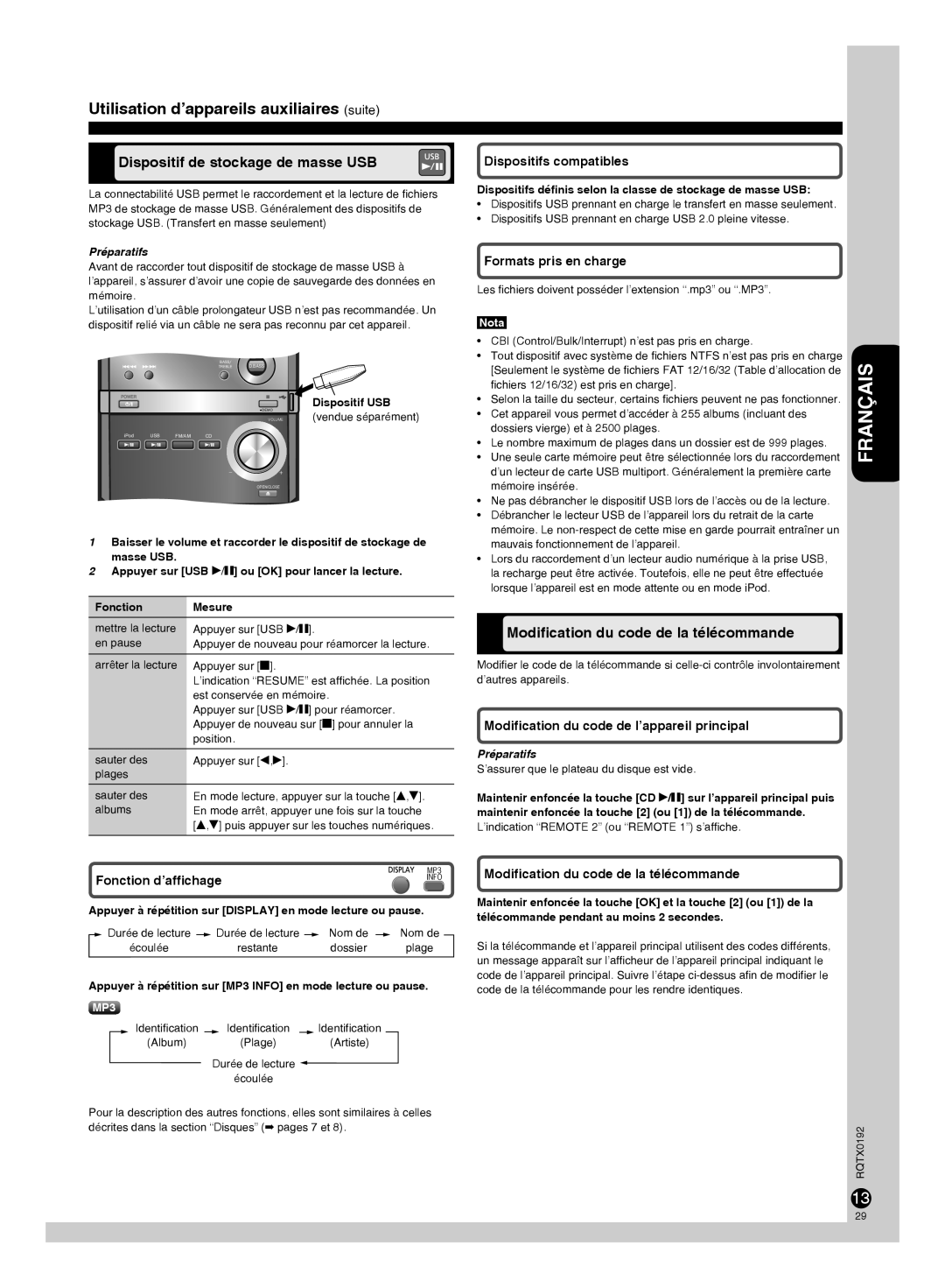 Panasonic SC-PM38, SA-PM38, SB-PM48 Utilisation d’appareils auxiliaires suite, Dispositif de stockage de masse USB 