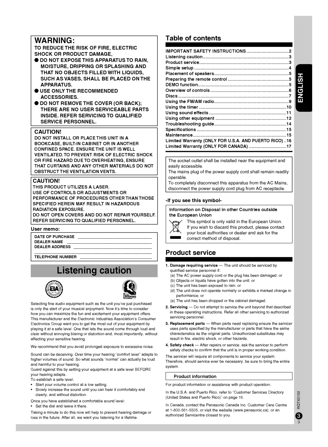 Panasonic SA-PM38, SB-PM48, SC-PM38 manuel dutilisation Listening caution, Table of contents, Product service 