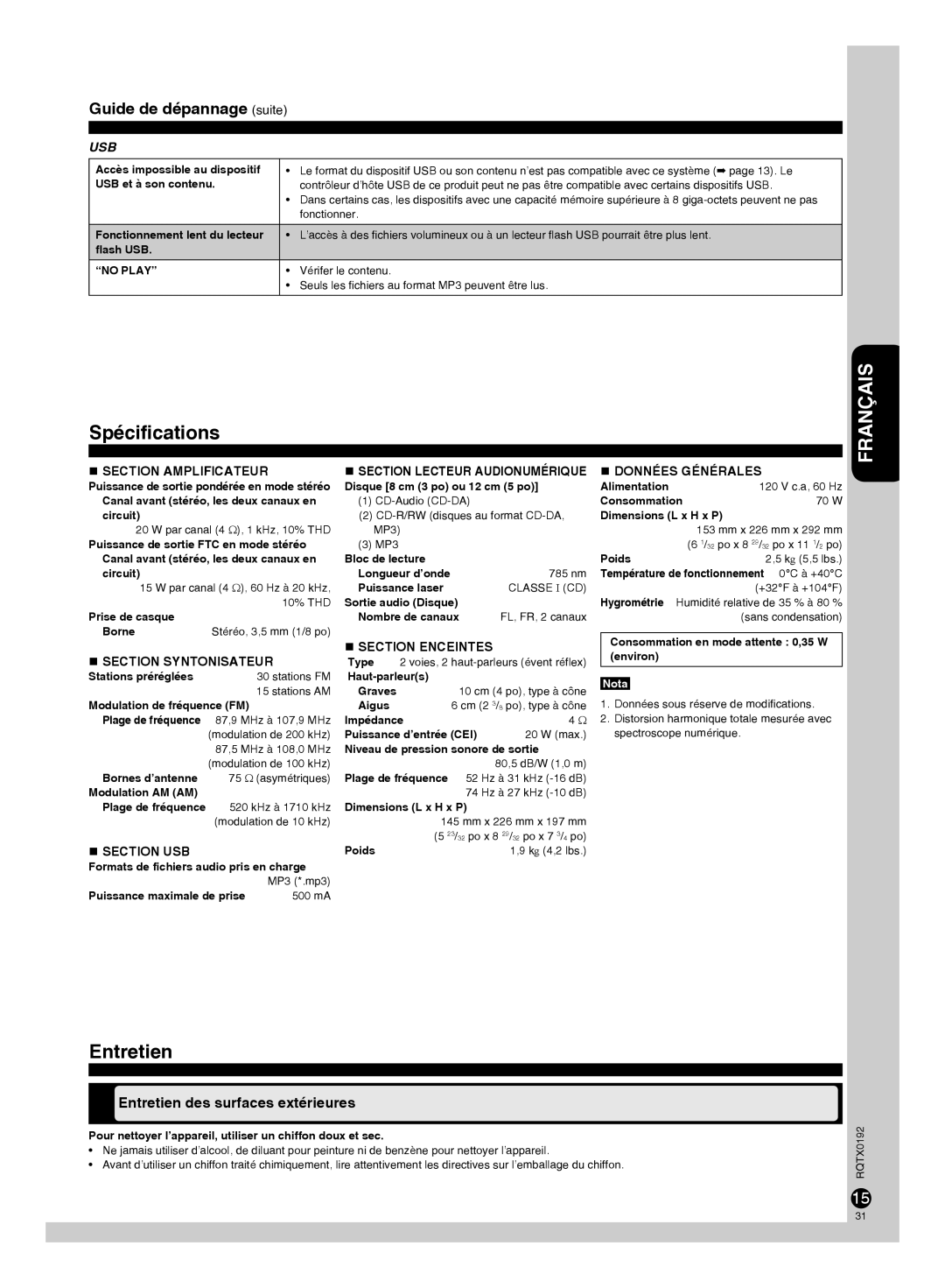 Panasonic SB-PM48, SA-PM38, SC-PM38 Spécifications, Guide de dépannage suite, Entretien des surfaces extérieures 