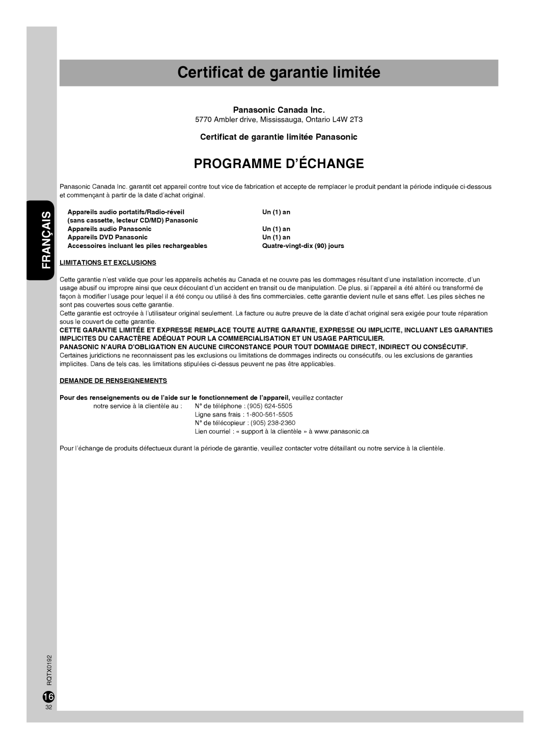 Panasonic SC-PM38, SA-PM38 Certiﬁcat de garantie limitée, Panasonic Canada Inc, Certificat de garantie limitée Panasonic 