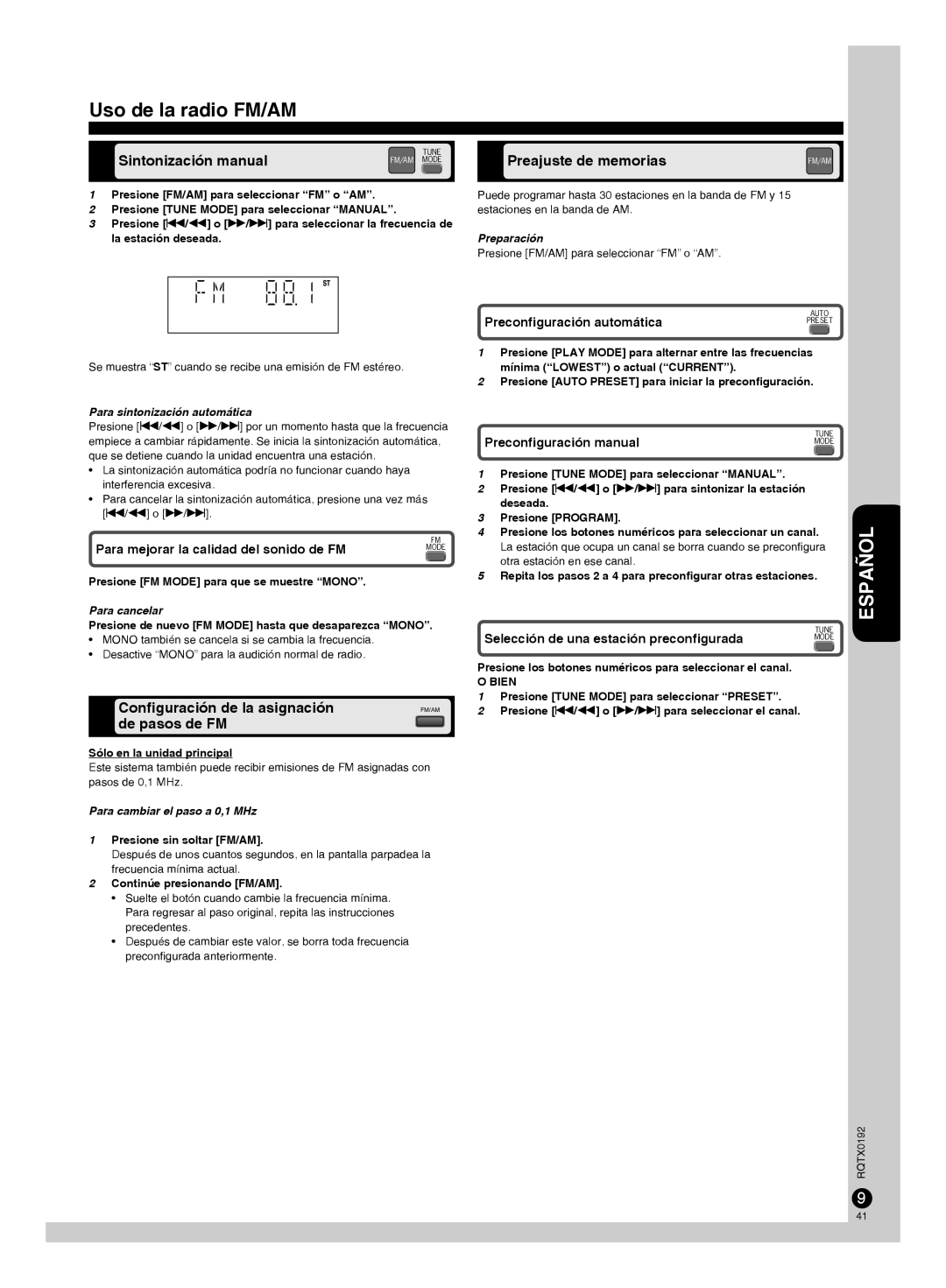 Panasonic SC-PM38, SA-PM38 Uso de la radio FM/AM, Sintonización manual, Conﬁguración de la asignación, De pasos de FM 