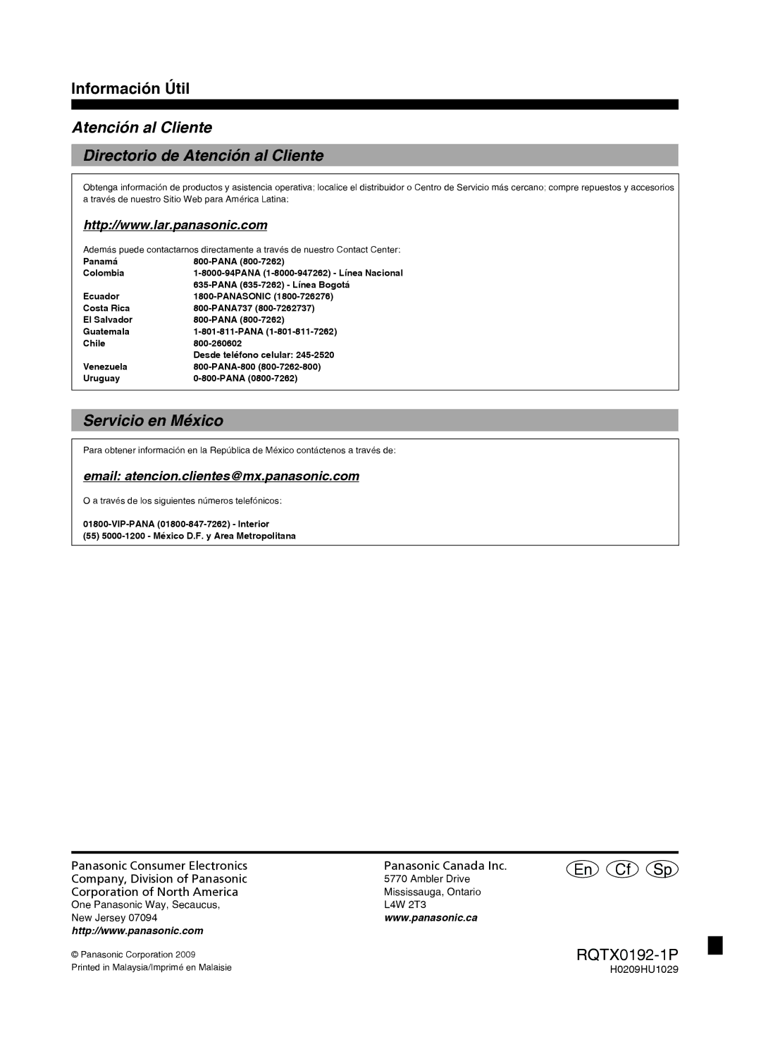 Panasonic SA-PM38, SB-PM48, SC-PM38 Información Útil, Atención al Cliente Directorio de Atención al Cliente 