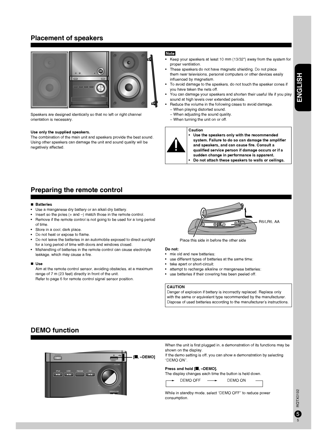 Panasonic SC-PM38, SA-PM38, SB-PM48 manuel dutilisation Placement of speakers, Preparing the remote control, Demo function 