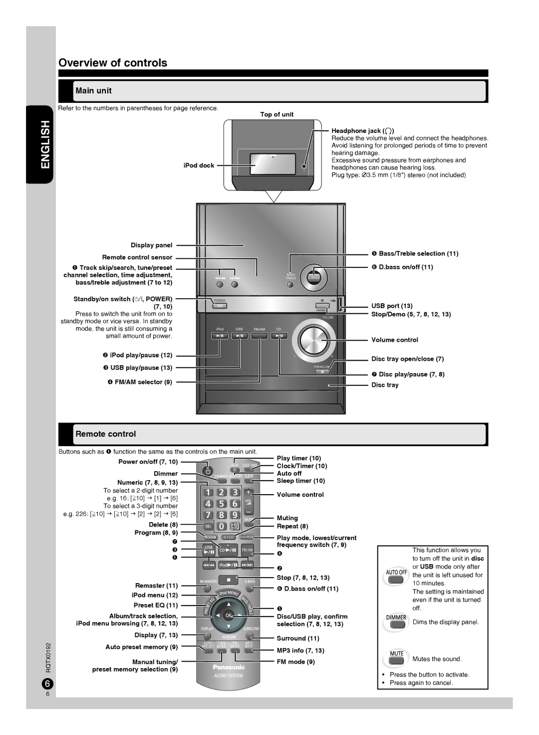 Panasonic SA-PM38, SB-PM48, SC-PM38 manuel dutilisation Overview of controls, Main unit, Remote control 