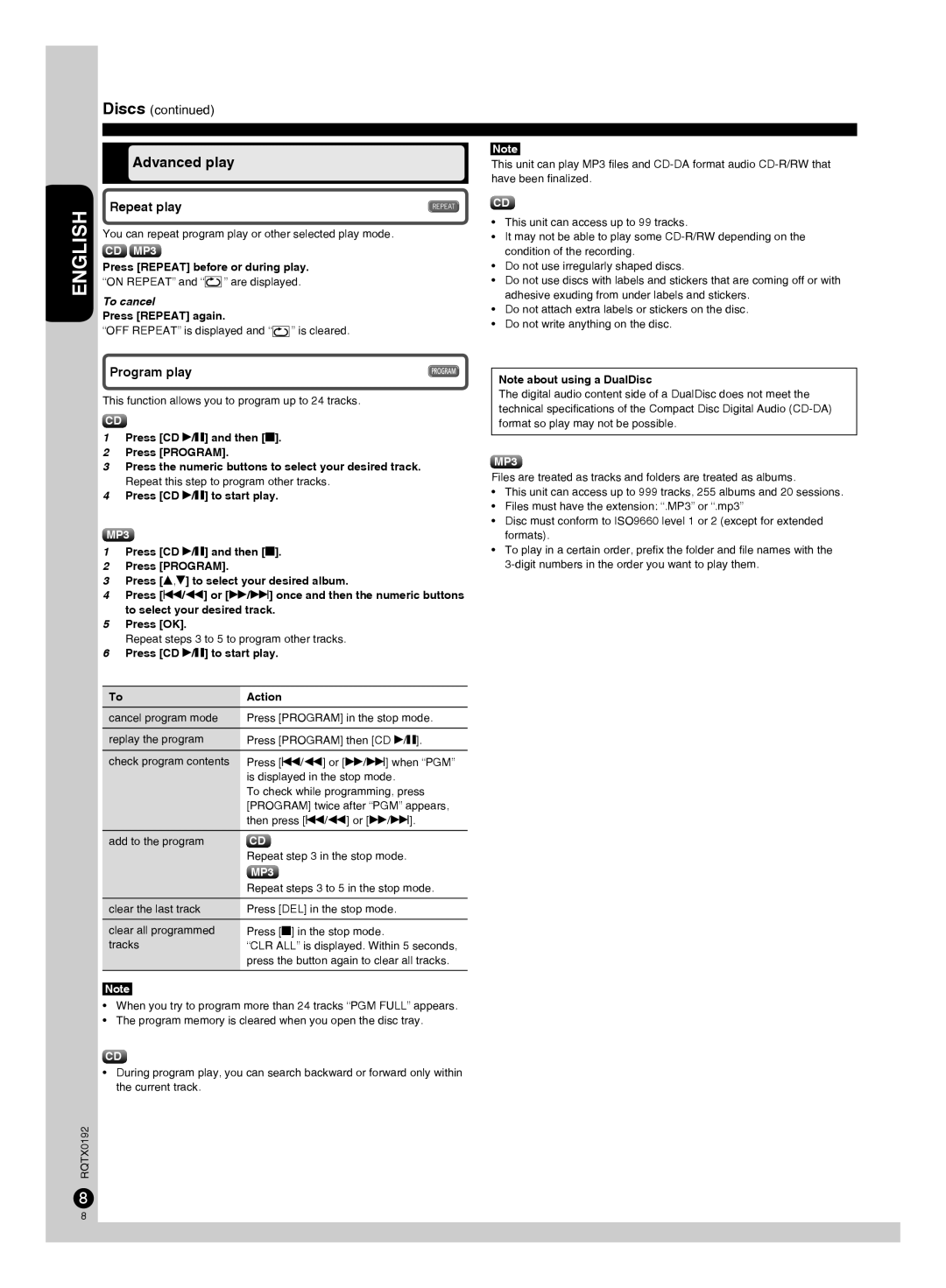 Panasonic SC-PM38, SA-PM38, SB-PM48 Advanced play, Repeat play, Program play, To cancel, Press Repeat again 