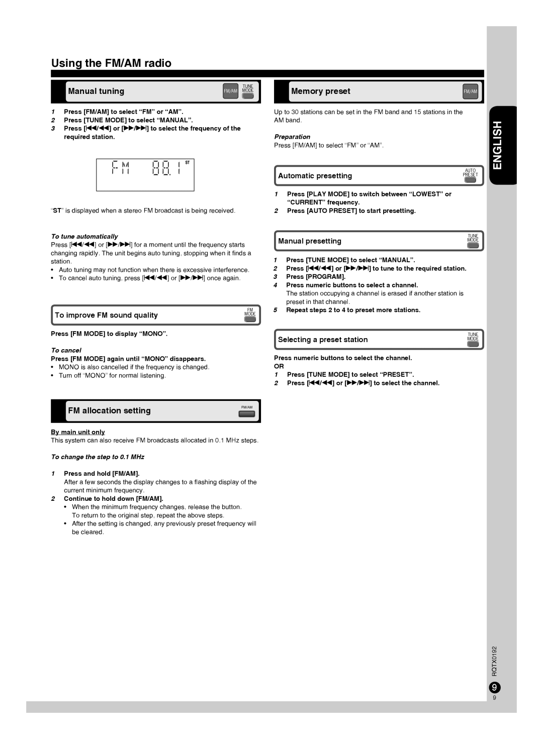 Panasonic SA-PM38, SB-PM48, SC-PM38 manuel dutilisation Using the FM/AM radio, Manual tuning, FM allocation setting 