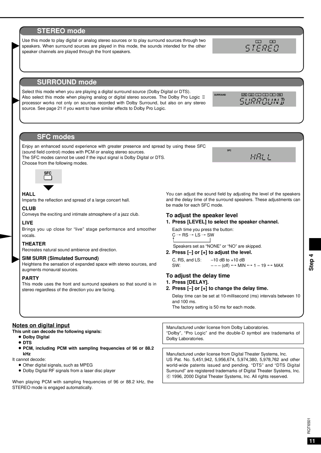 Panasonic SA-XR10 specifications To adjust the speaker level, To adjust the delay time 