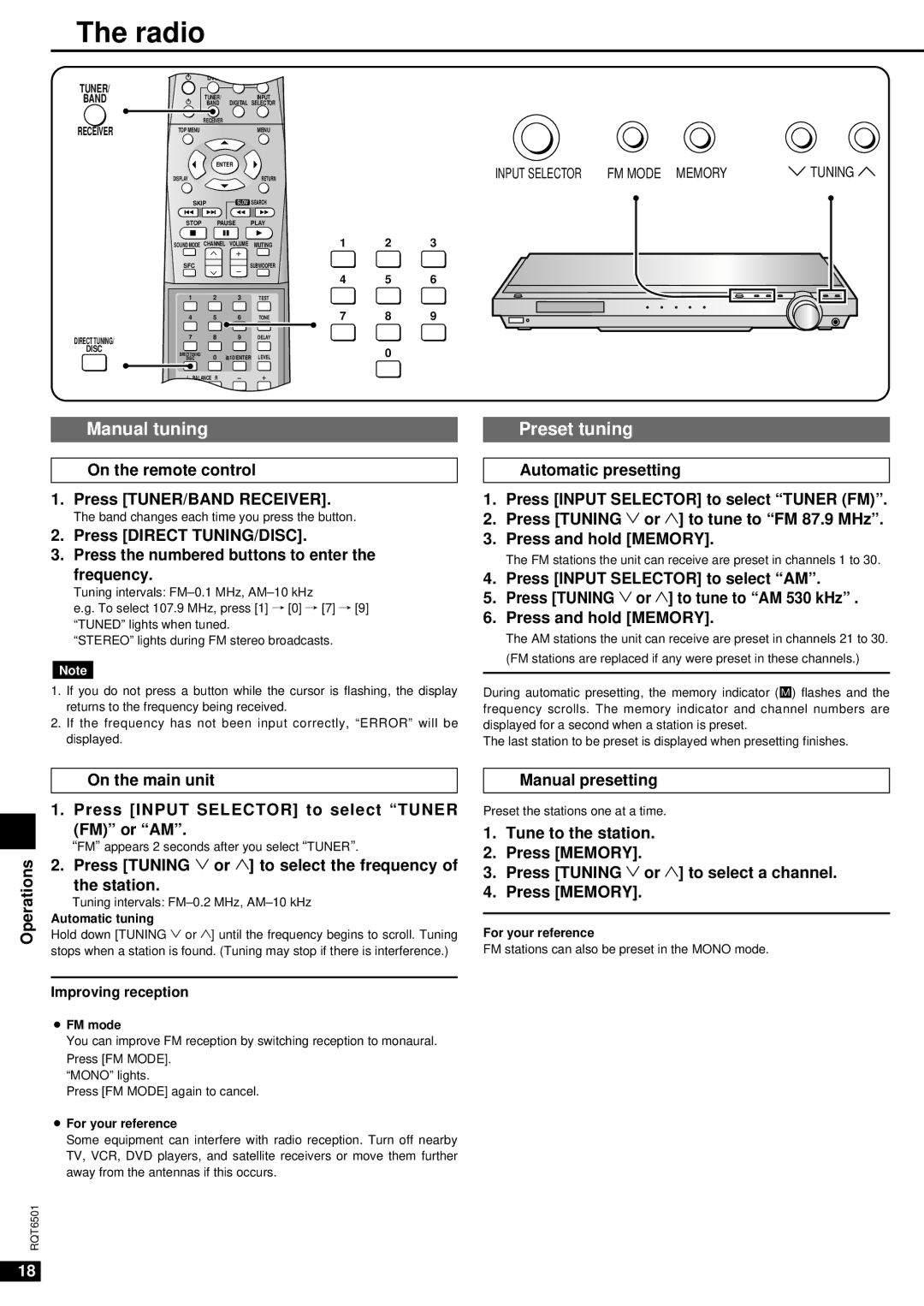 Panasonic SA-XR10 specifications Radio, Manual tuning, Preset tuning 