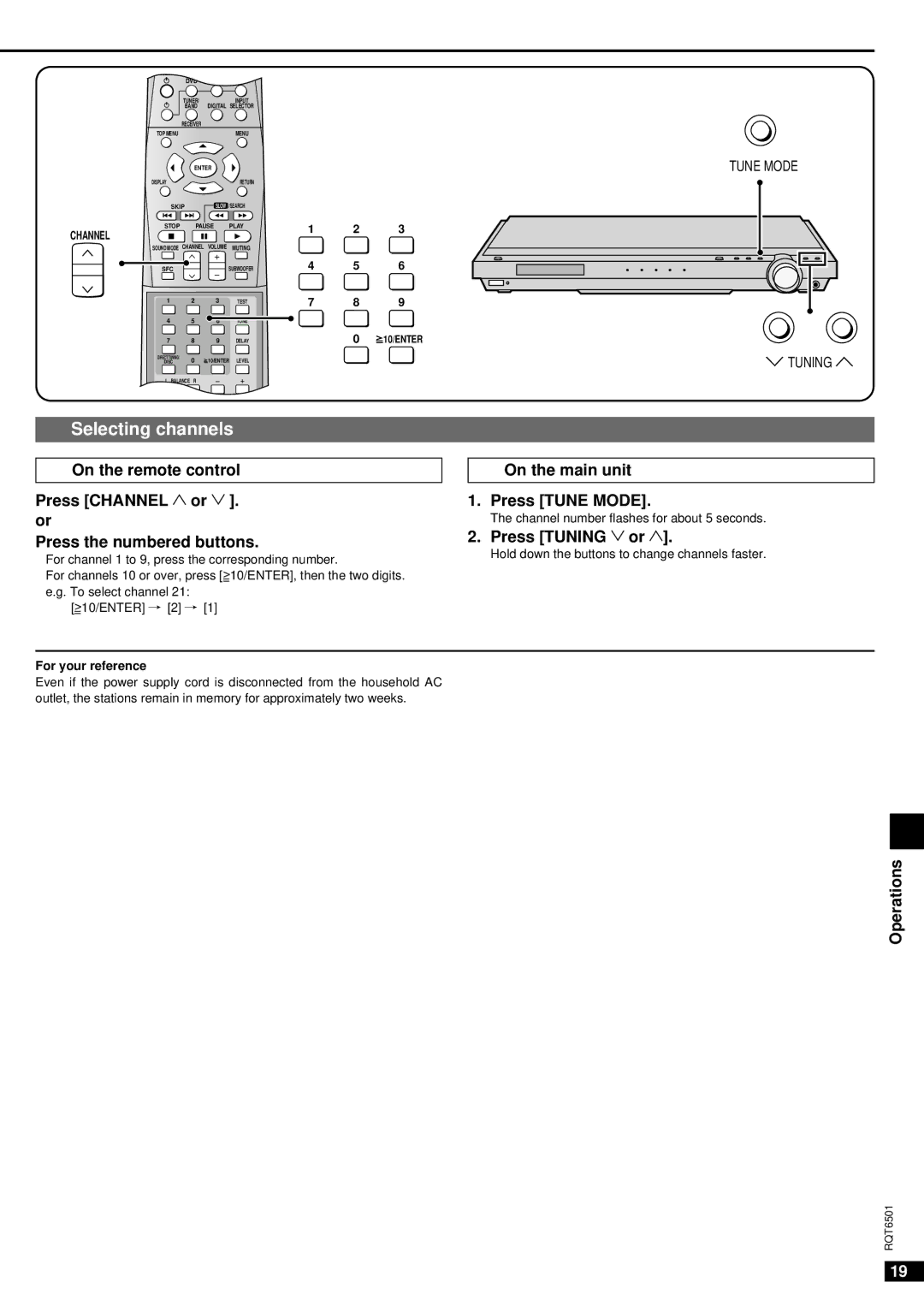 Panasonic SA-XR10 specifications Selecting channels, On the main unit Press Tune Mode, Press Tuning 2 or 