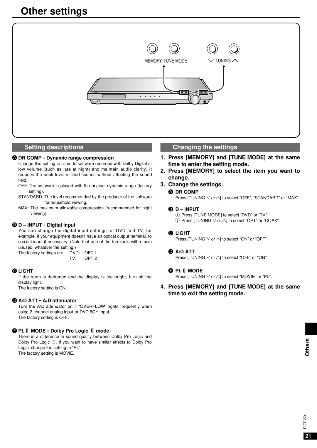 Panasonic SA-XR10 specifications Other settings, Setting descriptions, Changing the settings 