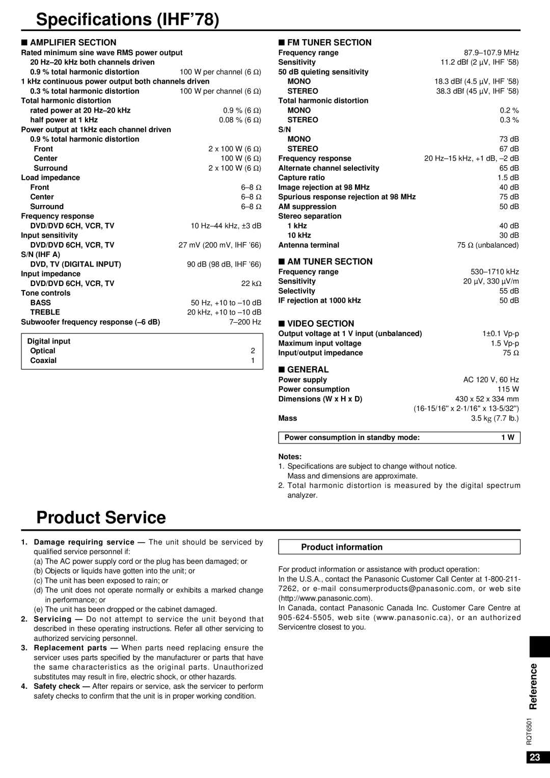 Panasonic SA-XR10 specifications Specifications IHF’78, Product Service 