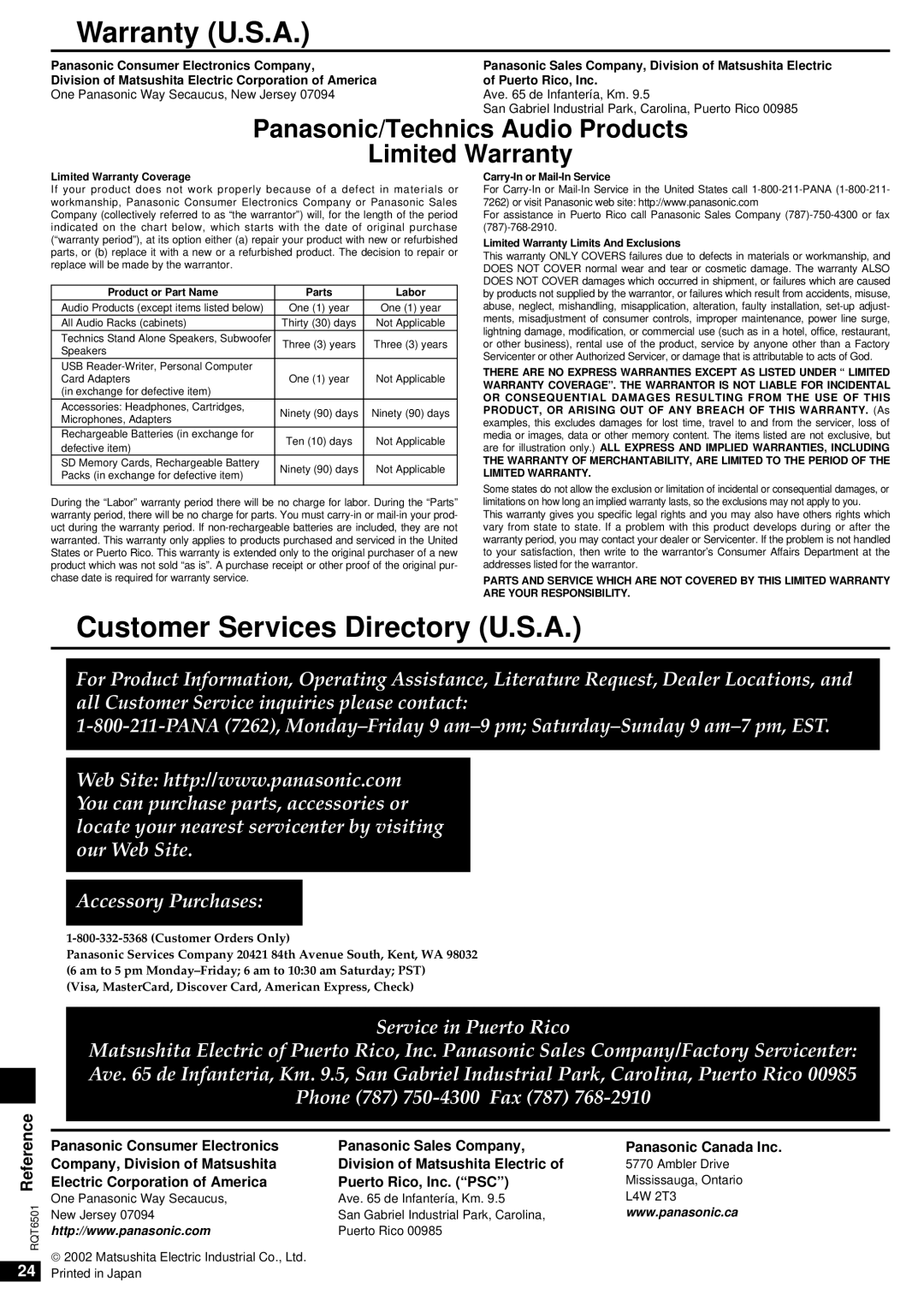 Panasonic SA-XR10 Warranty U.S.A, Customer Services Directory U.S.A, Electric Corporation of America Puerto Rico, Inc. PSC 