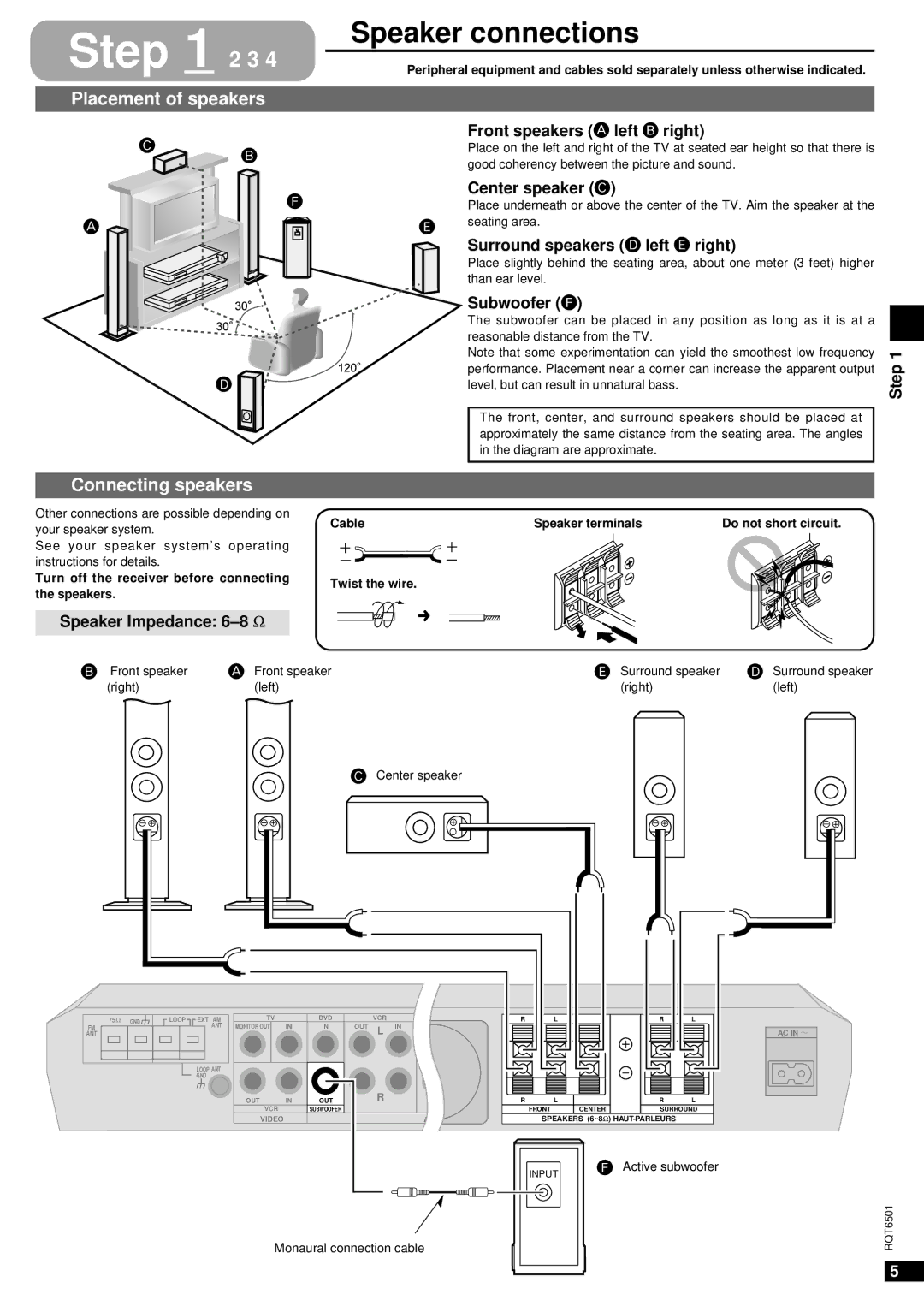 Panasonic SA-XR10 specifications Speaker connections, Placement of speakers, Connecting speakers 