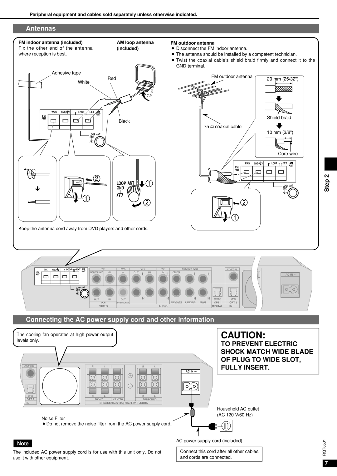 Panasonic SA-XR10 specifications Antennas, Connecting the AC power supply cord and other information 