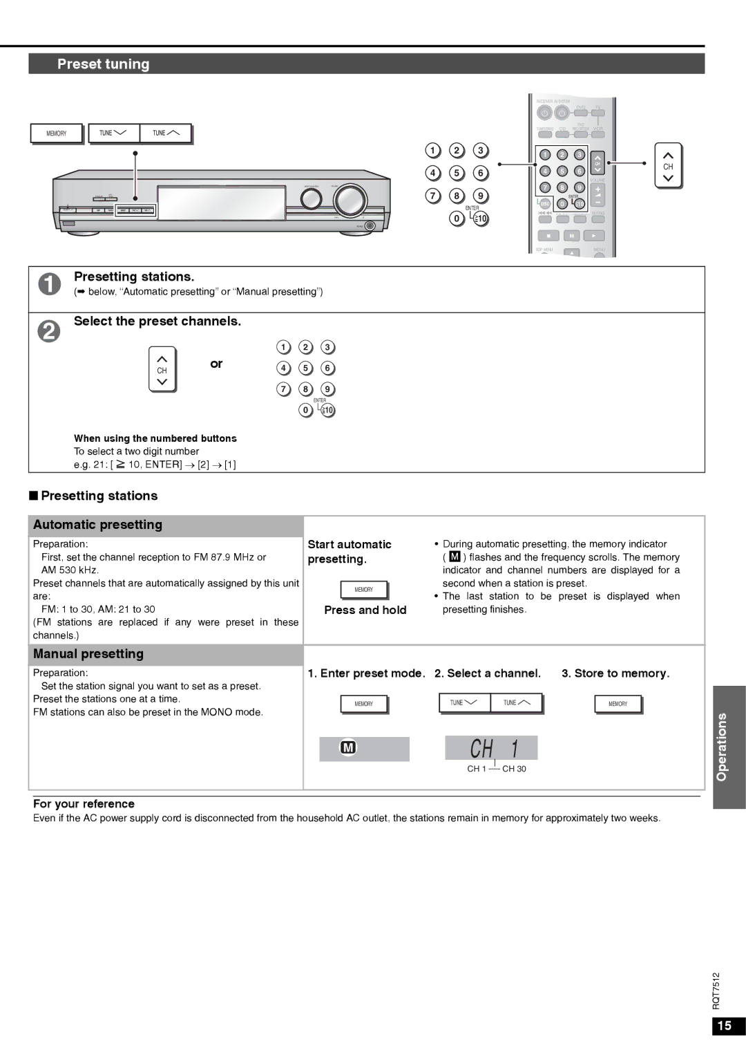 Panasonic SA-XR30 important safety instructions Preset tuning, Presetting stations Automatic presetting, Manual presetting 