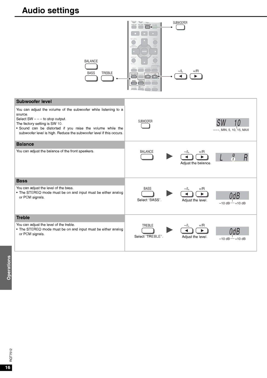 Panasonic SA-XR30 important safety instructions Audio settings, Subwoofer level, Balance, Bass, Treble 