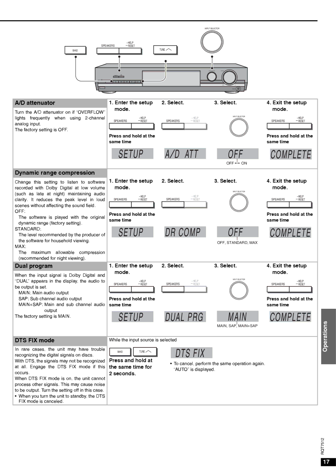 Panasonic SA-XR30 important safety instructions Dynamic range compression, Dual program, DTS FIX mode 