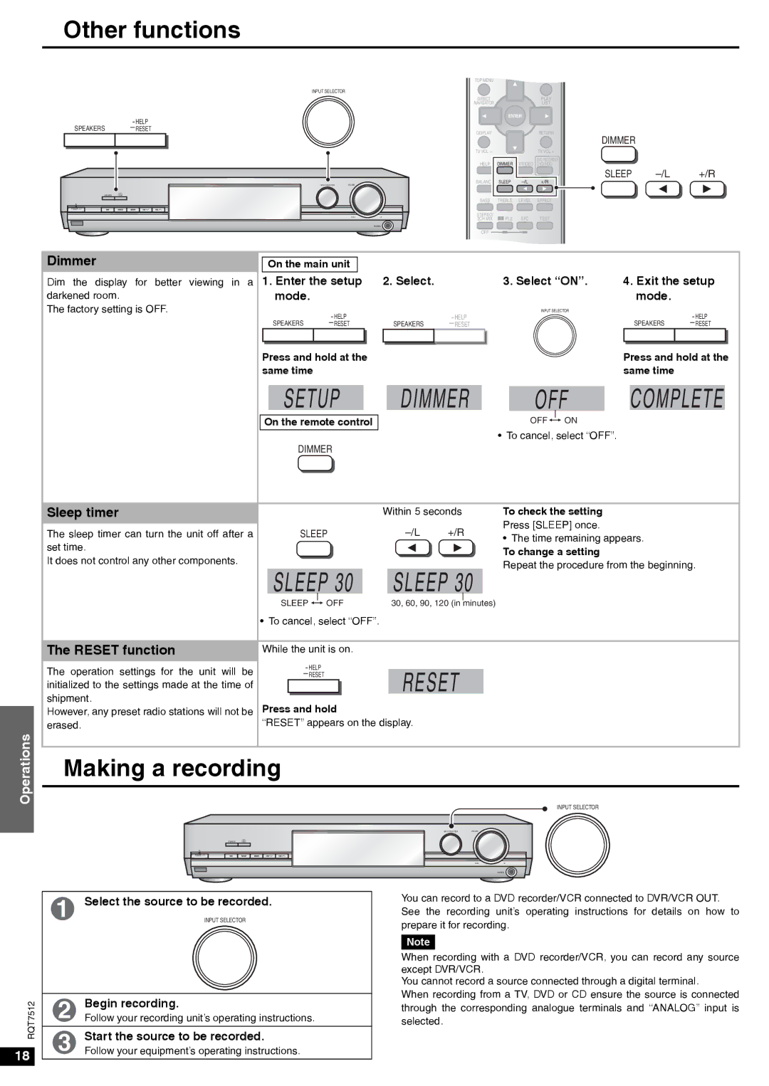 Panasonic SA-XR30 important safety instructions Other functions, Making a recording, Dimmer, Sleep timer, Reset function 