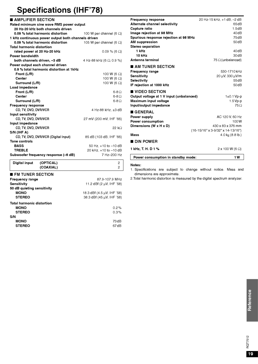 Panasonic SA-XR30 important safety instructions Specifications IHF’78 