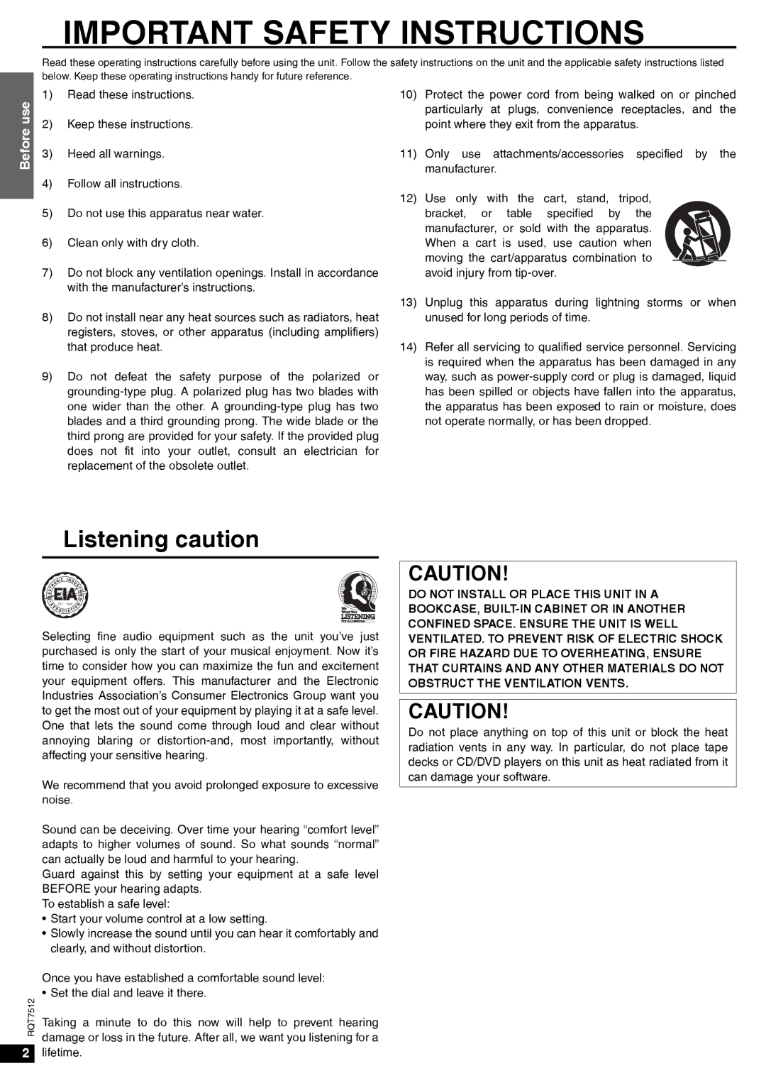 Panasonic SA-XR30 important safety instructions Important Safety Instructions, Listening caution 