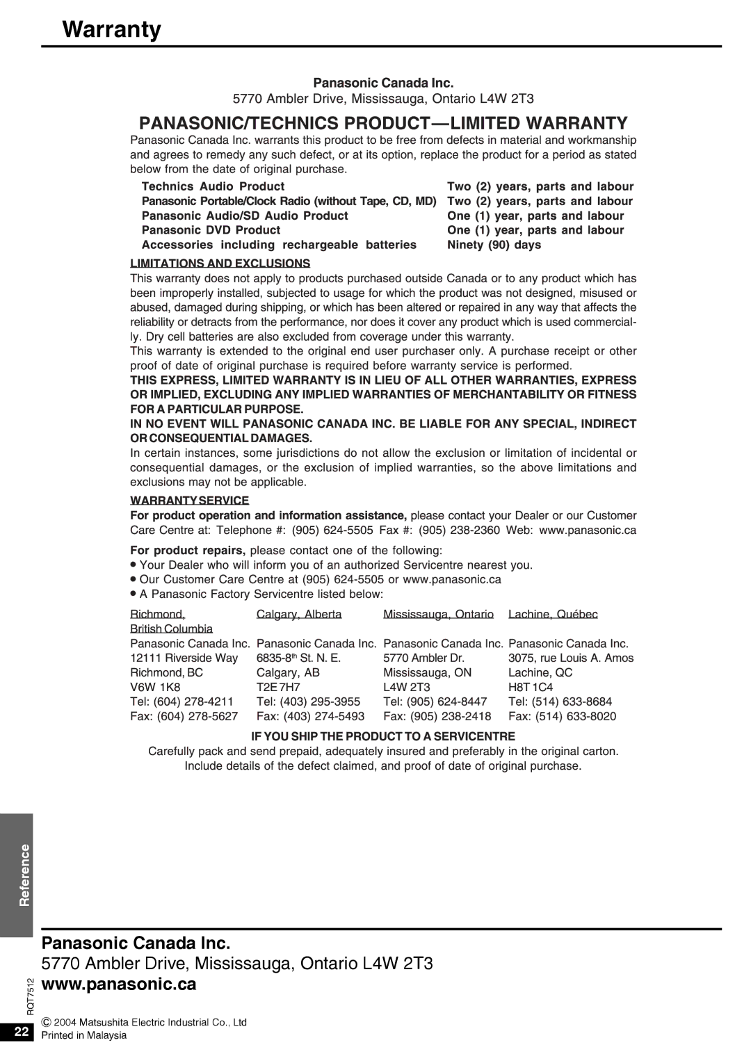 Panasonic SA-XR30 important safety instructions Warranty 