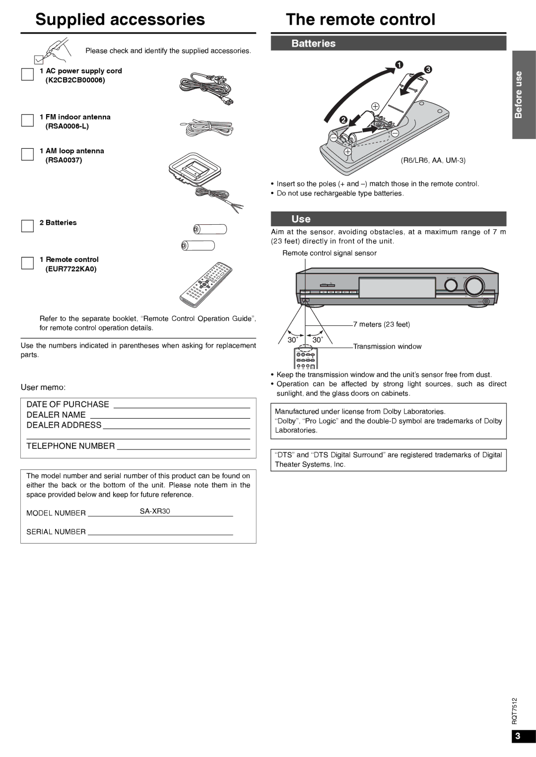 Panasonic SA-XR30 important safety instructions Supplied accessories, Remote control, Batteries, Use 