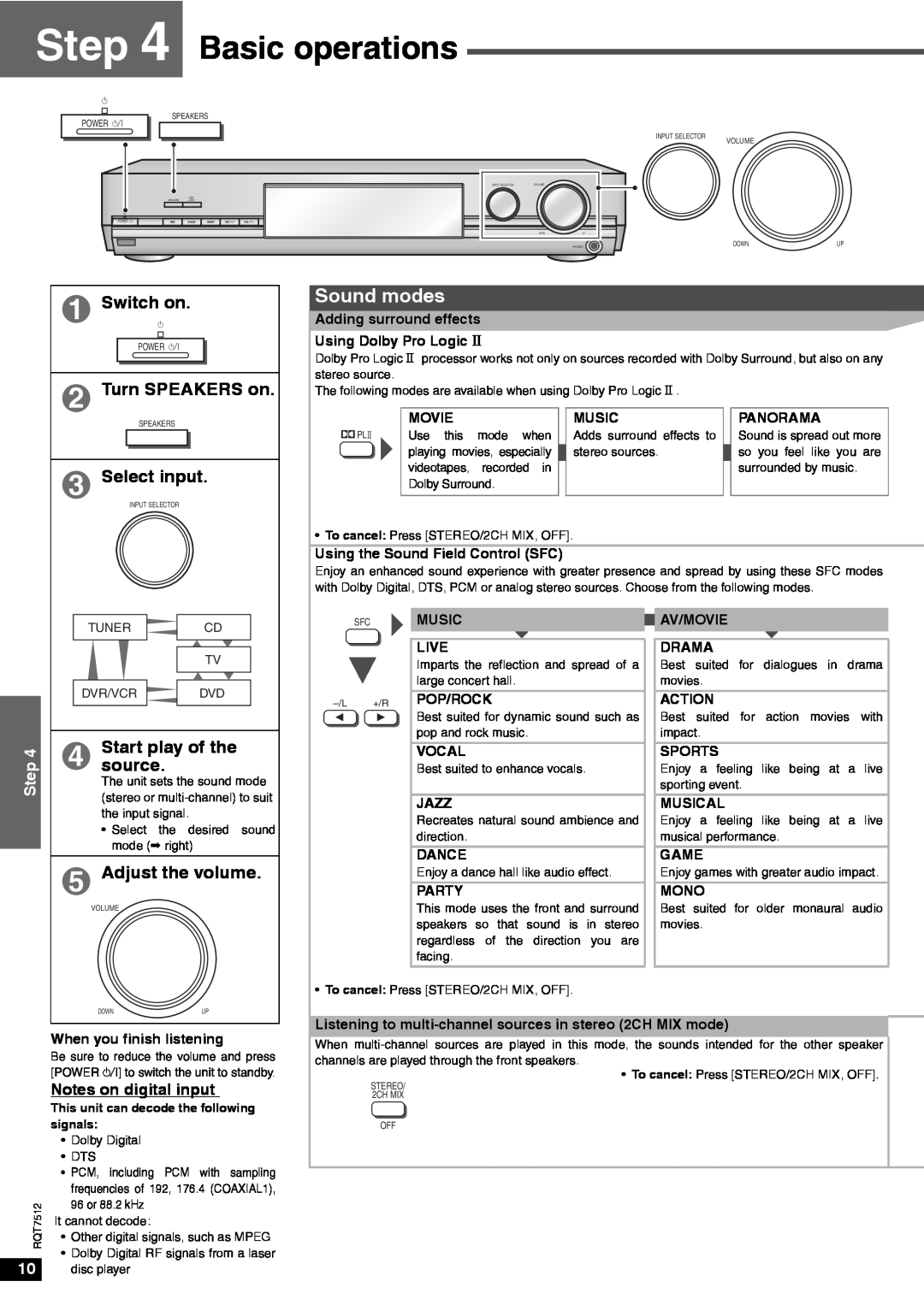Panasonic SA-XR30 important safety instructions Basic operations, Sound modes, Step 