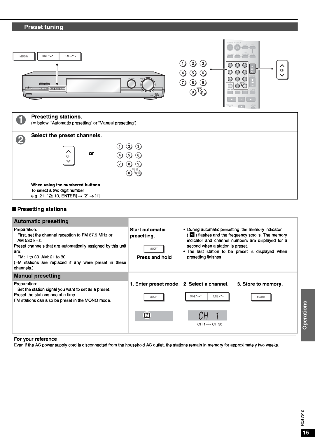 Panasonic SA-XR30 Preset tuning, Presetting stations, Select the preset channels, Operations, Press and hold, 1 2 4 5 