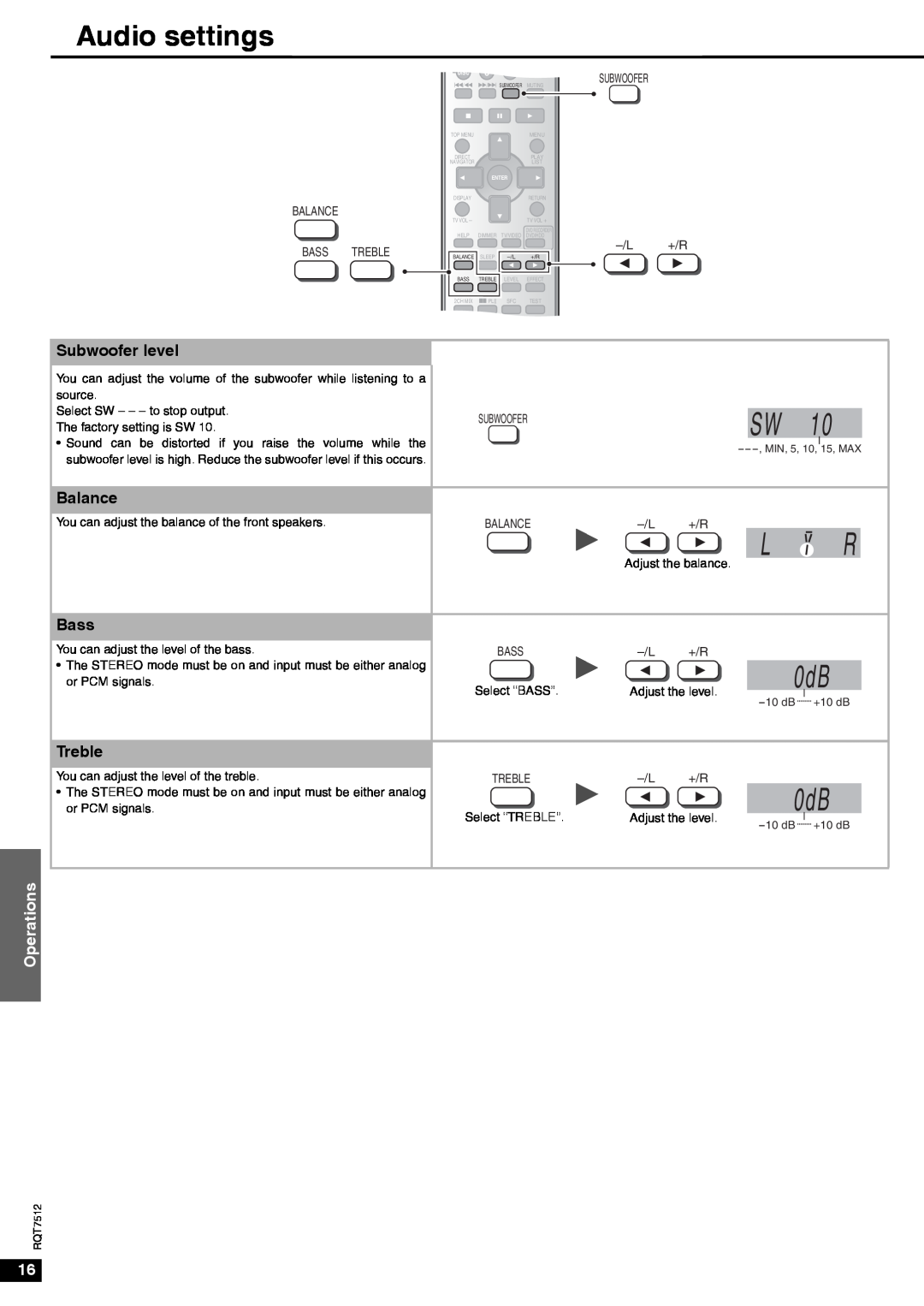 Panasonic SA-XR30 important safety instructions Audio settings, Operations, Balance Bass Treble, L+/R, Subwoofer 