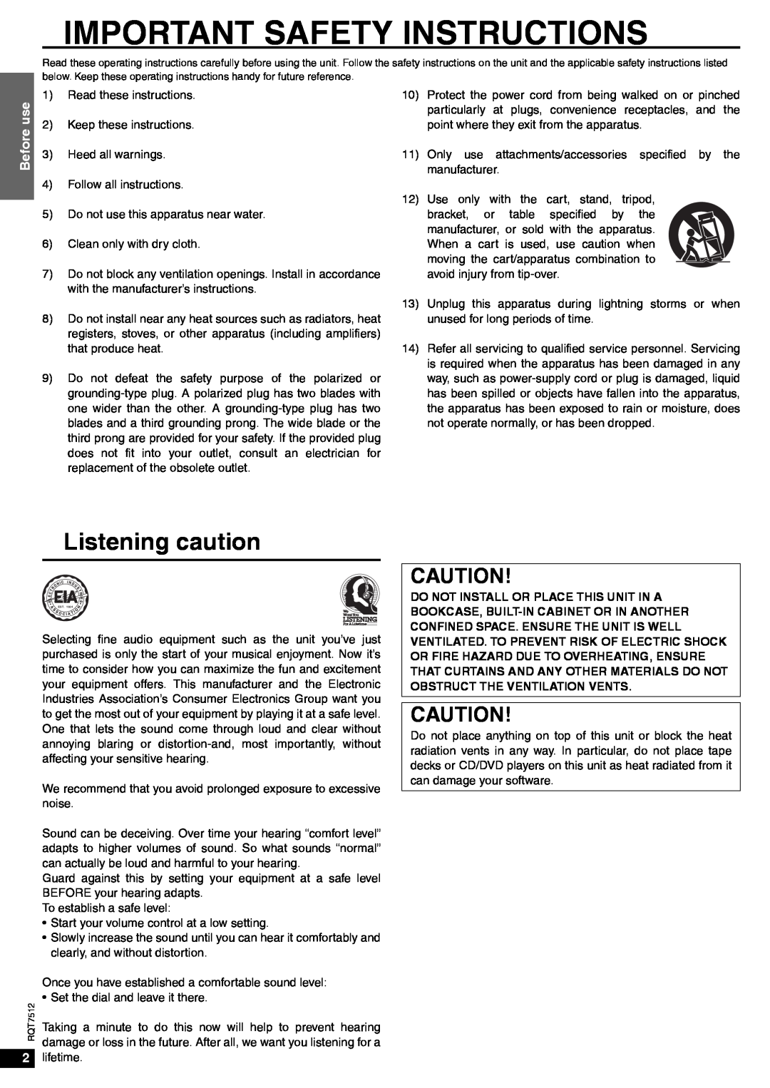 Panasonic SA-XR30 important safety instructions Listening caution, Important Safety Instructions, Before use 