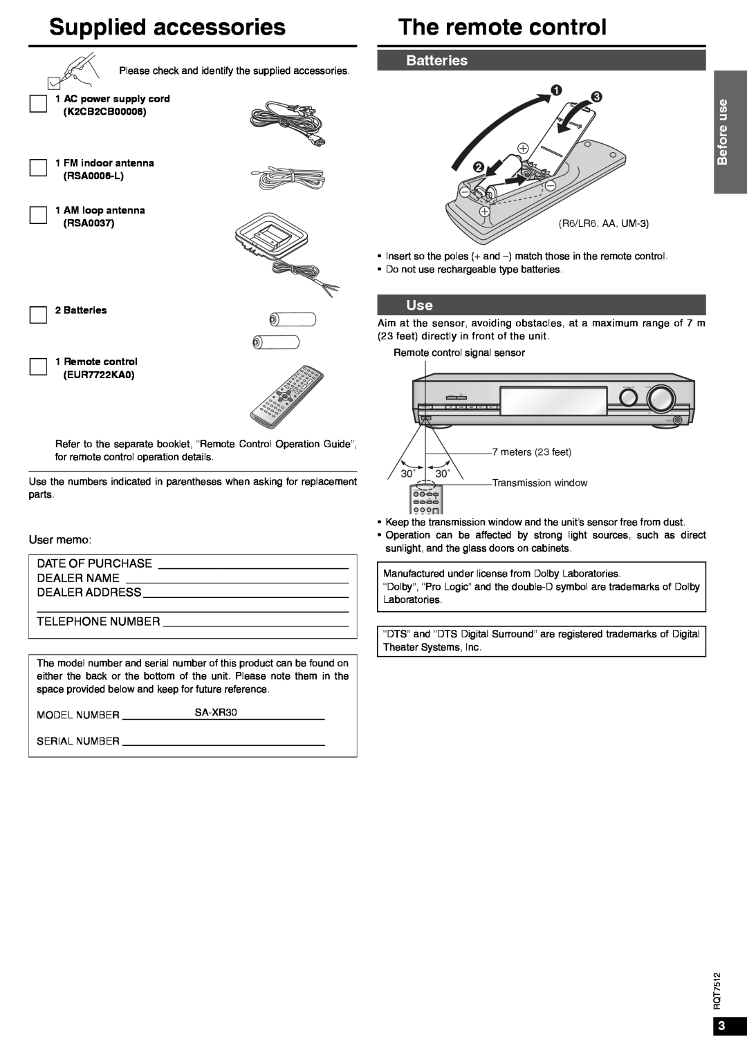 Panasonic SA-XR30 important safety instructions Supplied accessories, The remote control, Batteries, Before use 