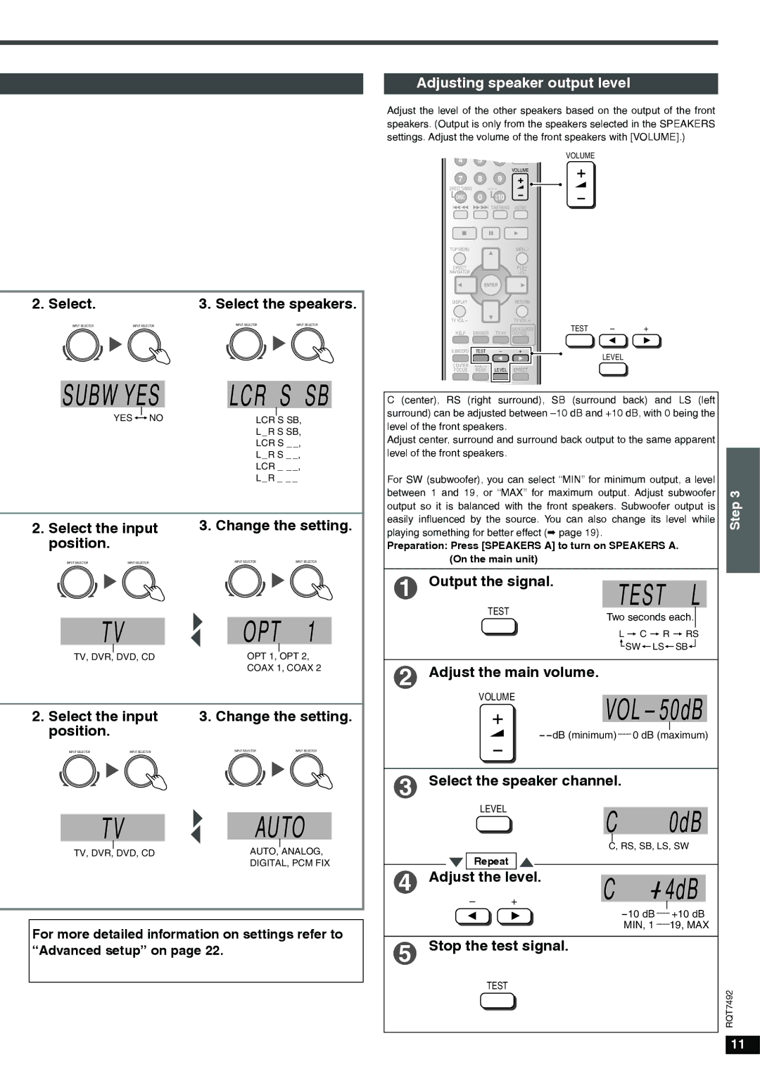 Panasonic SA-XR50 specifications Lcr, Adjusting speaker output level 