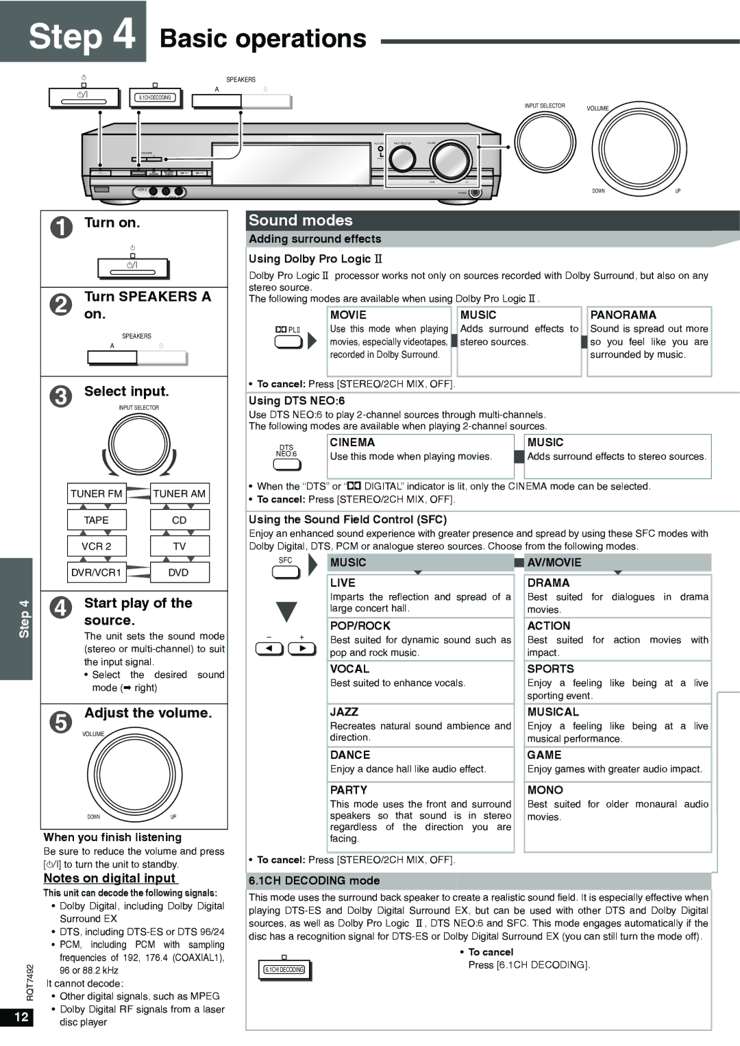 Panasonic SA-XR50 specifications Basic operations, Select input, Start play, Source, Adjust the volume 