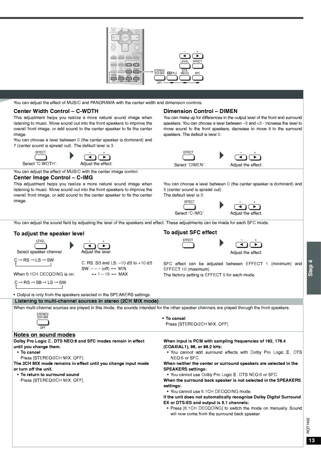 Panasonic SA-XR50 specifications Center Width Control C-WDTH Dimension Control Dimen, Center Image Control C-IMG 