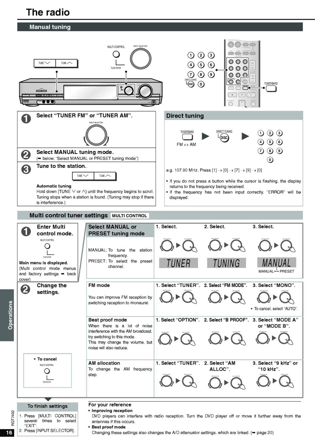 Panasonic SA-XR50 Tuner Tuning Manual, Radio, Manual tuning, Direct tuning, Multi control tuner settings Multi Control 